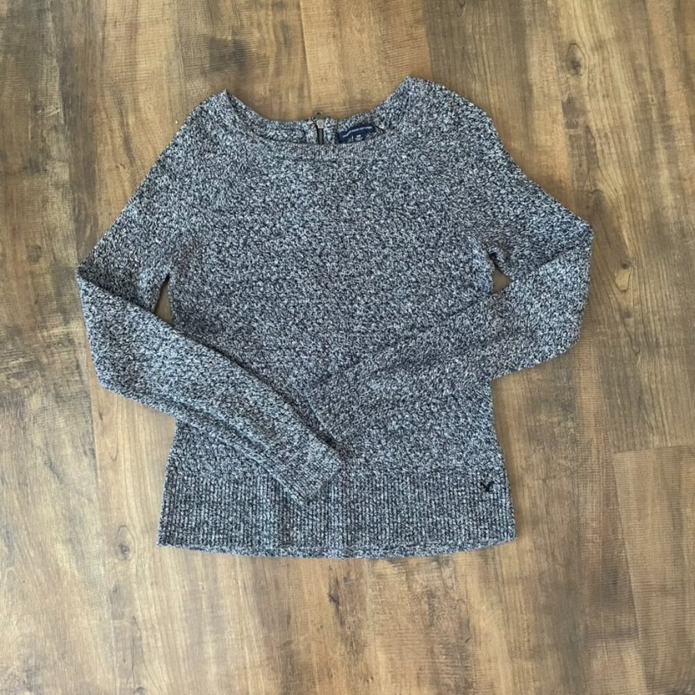 American Eagle Marled Knit Sweater Size S/P Gray Zip Back Lightweight